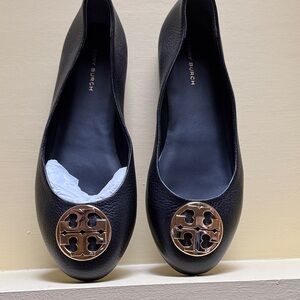 Tory Burch Black Flats with Gold Logo